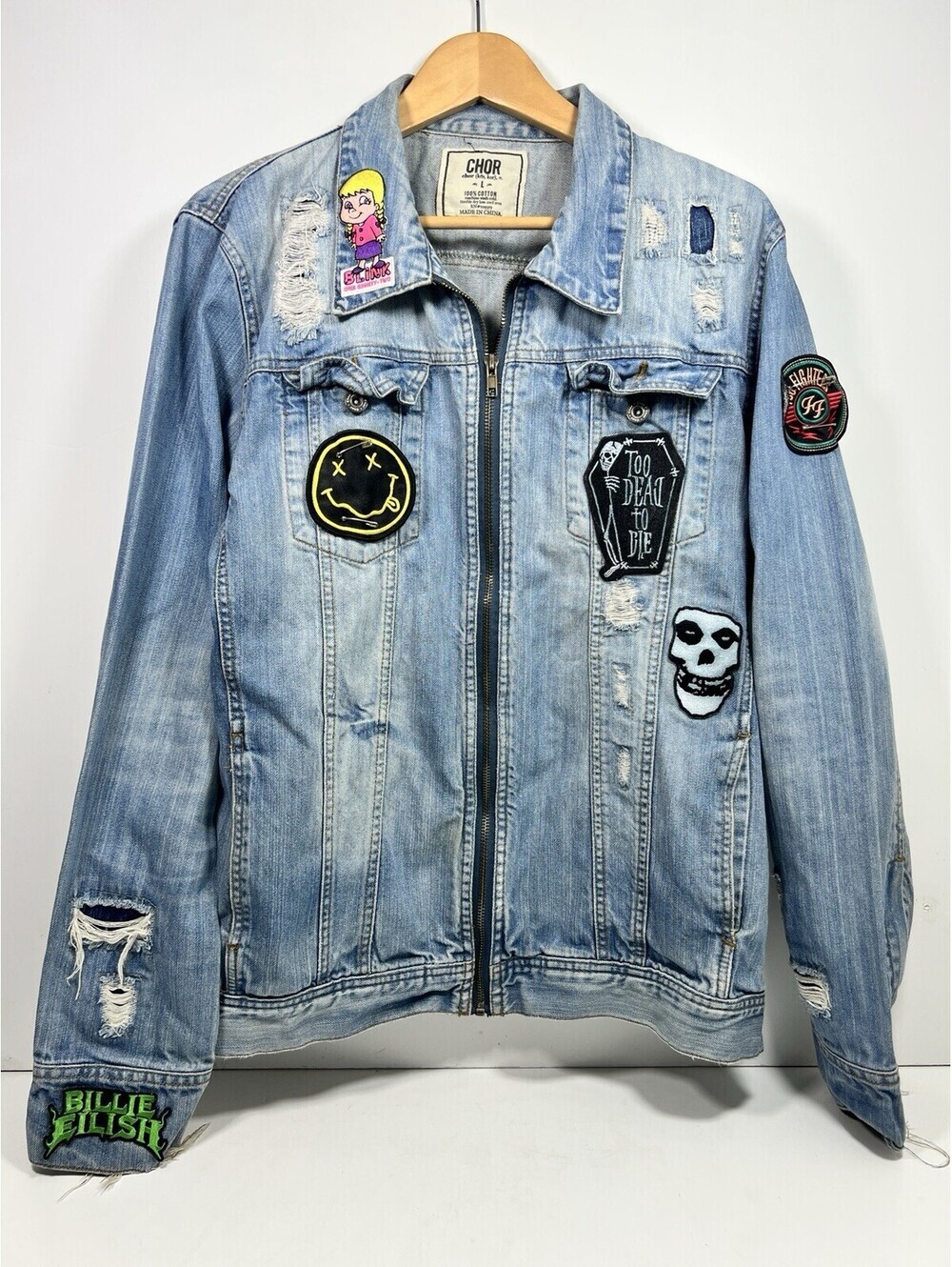 Chor Denim Jacket Women L Rock Band Patches Blink 182 Foo Fighters Distressed